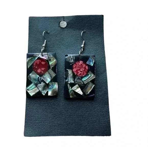 Abalone Shell Mother of Pearl Red Coral Sea and Sky Dangle Earrings - Picture 1 of 2